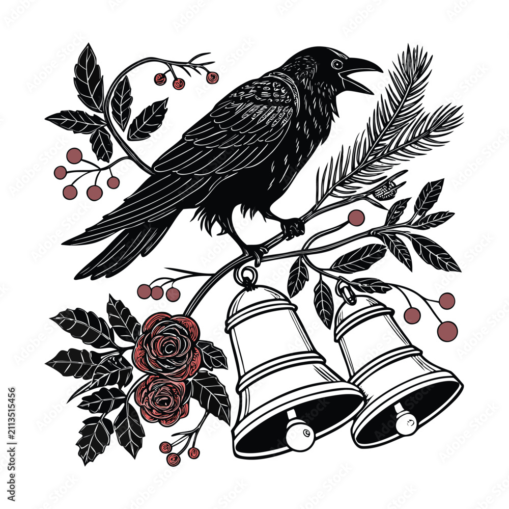 Obraz premium Vintage linocut raven perched on winter branch with bells, gothic crow illustration with red roses and berries, dark academia vector art