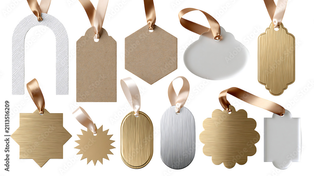 Obraz premium Set of blank luxury gift tags and paper labels with ribbons isolated on transparent background