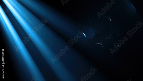 A dark background illuminated by bright blue beams of light and geometric patterns