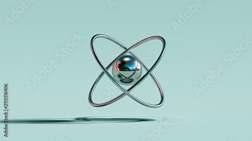 A stylized, reflective atom model with orbiting metallic rings on a light blue background