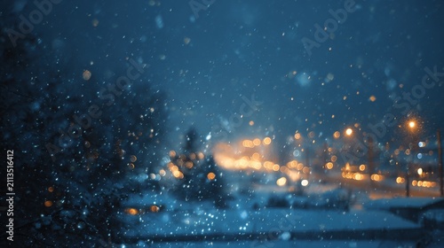Beautiful Winter Night Scene with Falling Snowflakes and Softly Blurred City Lights in the Background