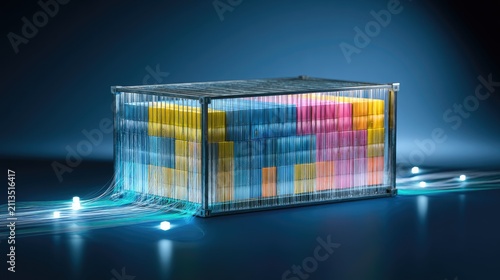 Futuristic data storage container with flowing light streams