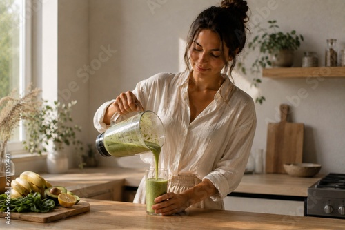 Pouring homemade smoothie into a glass