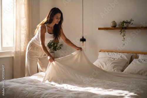 Making the bed in a calm minimalist bedroom