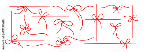 Hand drawn red bow outline with elegant ribbon detail. Minimalist doodle gift decoration for festive frame, birthday border and wedding design element. Editable vector thin stroke