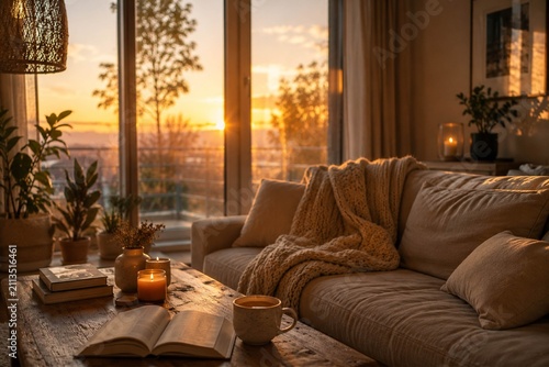 Opening bedroom curtains at sunrise