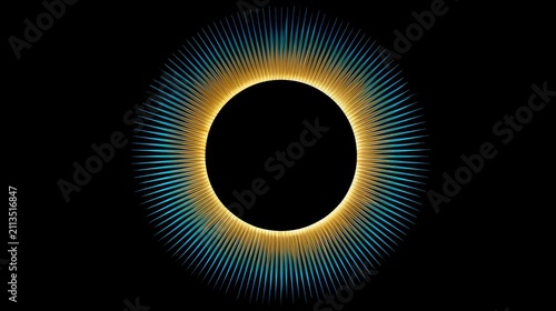 Concentric radial lines in blue and gold emanate from a central black circle