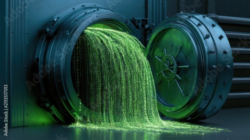 A large vault door opens, spilling streams of glowing green digital code