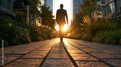Businessman walks towards setting sun on paved path in modern city