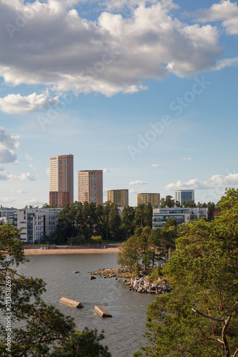 HELSINKI, FINLAND - AUGUST 14, 2025: A cluster of modern high-rise apartment towers rises beyond pine trees along a rocky shoreline with driftwood in the water.