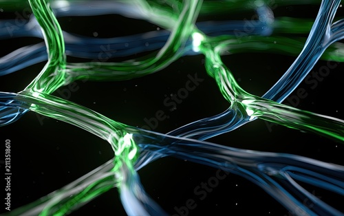 Intertwined glowing blue and green organic-like strands in darkness