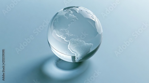 Transparent glass globe resting on a smooth, light blue surface