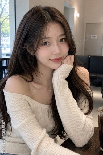 Young Woman in Cream Sweater Resting Her Face on Hand at a Cafe