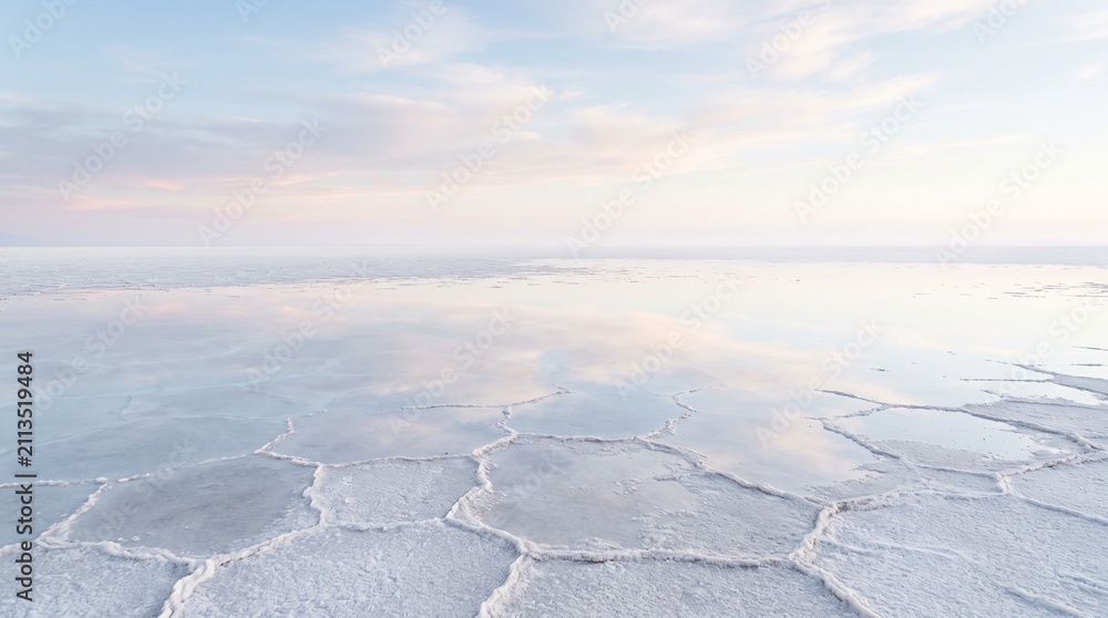 Obraz premium Salt flat landscape with hexagonal crust patterns under pastel sunset sky landscape evaporation wilderness geological environment
