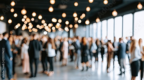 A blurred indoor gathering with many people and glowing overhead lights