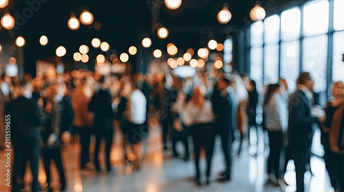Blurry image of people mingling indoors under warm lighting