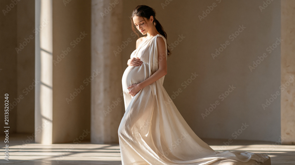 Fototapeta premium Pregnant woman in flowing linen maternity wear standing in minimalist room showcasing graceful modern motherhood and refined maternal wellness