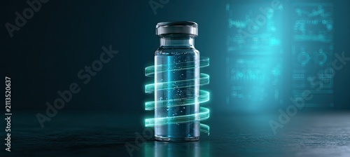Futuristic vaccine vial with glowing helical energy wrap and digital displays
