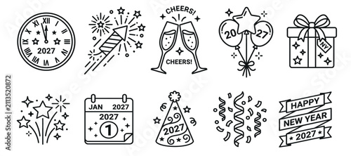 New year 2027 holiday icon set featuring rocket fireworks balloons champagne cheers and festive banners in linear style for greeting cards or party event graphics.
