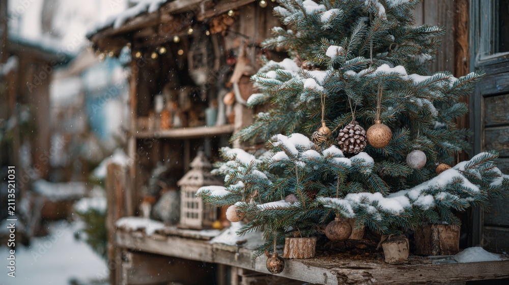 Fototapeta premium Cozy Winter Scene Featuring Snow-Covered Christmas Tree Decorated with Ornaments in Rustic Outdoor Setting