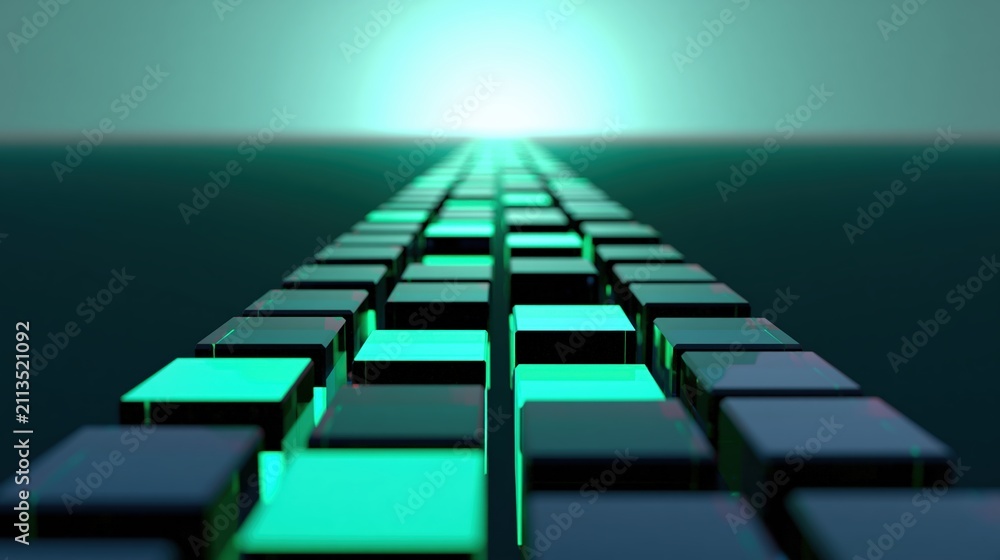 Naklejka premium Translucent block bridge leading from dark mist to bright mint horizon