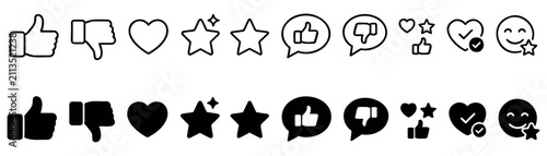 Social media reaction icons set in line and solid style feedback symbols including thumb up thumb down heart star speech bubble smiley face and check mark rating icons.