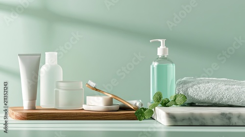 Serene bathroom vanity with skincare and toiletries on marble