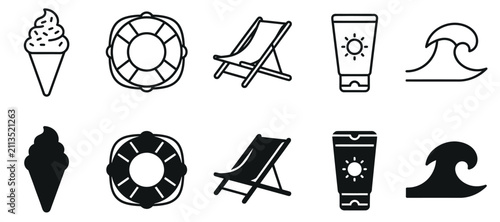 Summer beach vacation icons set including ice cream dessert life buoy safety ring folding deck chair sun lotion sunscreen cream bottle and ocean wave symbol in line.