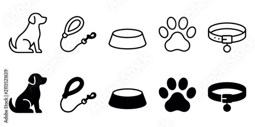 Collection of dog accessory icons showing a seated dog leash bowl paw print and collar in outline and solid black variations.
