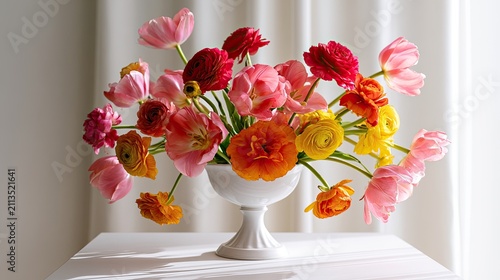 Bright, vibrant bouquet of spring flowers in a white pedestal vase
