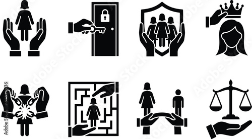 Black Women Rights and Empowerment Silhouette Icon Set Featuring Protection, Equal Opportunity, Support, Freedom, and Justice