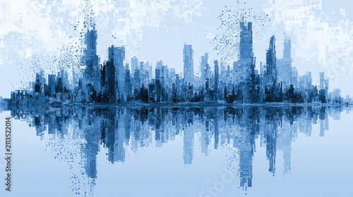 Abstract blue cityscape silhouette with pixelated texture and reflection