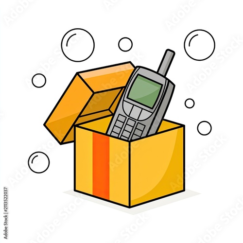 Vintage portable communication device in an open gift box with floating circles