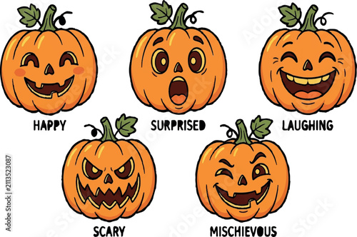 Cartoon Jack-o'-Lantern Pumpkin Outline Collection, Black and White Halloween Vector Art, isolated on transparent background