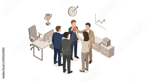 Business team joining hands for success in isometric office
