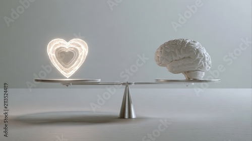 A stylized heart and a brain sit on a balance scale, representing thought vs emotion