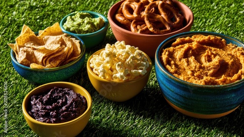 Colorful bowls of dips and snacks on a green grassy surface