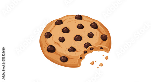 Delicious round chocolate chip cookie with a bite taken out of it and crumbs scattered nearby on a clean and plain white background area.