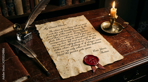Aged handwritten letter on distressed parchment with a wax seal and quill pen on a wooden desk