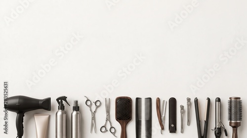 Professional Hairdressing Salon Tools Set Top View Flat Lay White Background for Barber Shop Equipment Header Graphic