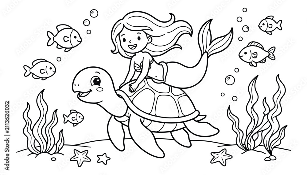 Fototapeta premium Cute mermaid riding a sea turtle underwater surrounded by fish and seaweed in simple line art vector style