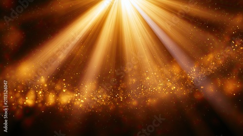 Golden rays of light descend, illuminating sparkling particles in dark