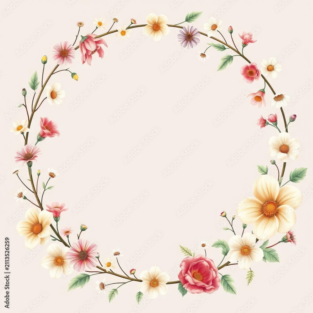 Fototapeta premium Delicate floral wreath frame with vintage botanical illustration, delicate, soft