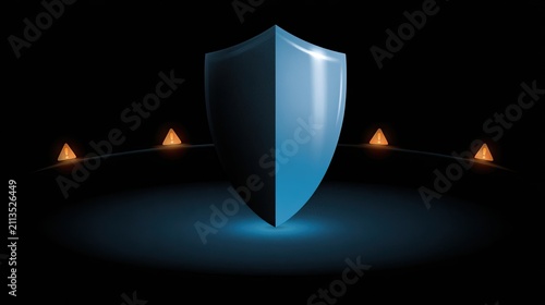 Gleaming shield stands tall, illuminated by glowing light on dark background