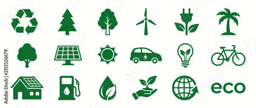 Green energy and ecology icons set. Sustainable environment symbols for eco friendly design.