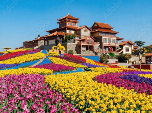 Vibrant multicolored flower terraces with yellow and purple blooms leading up to traditional Chinese palace architecture under clear blue sky, scenic travel landscape
