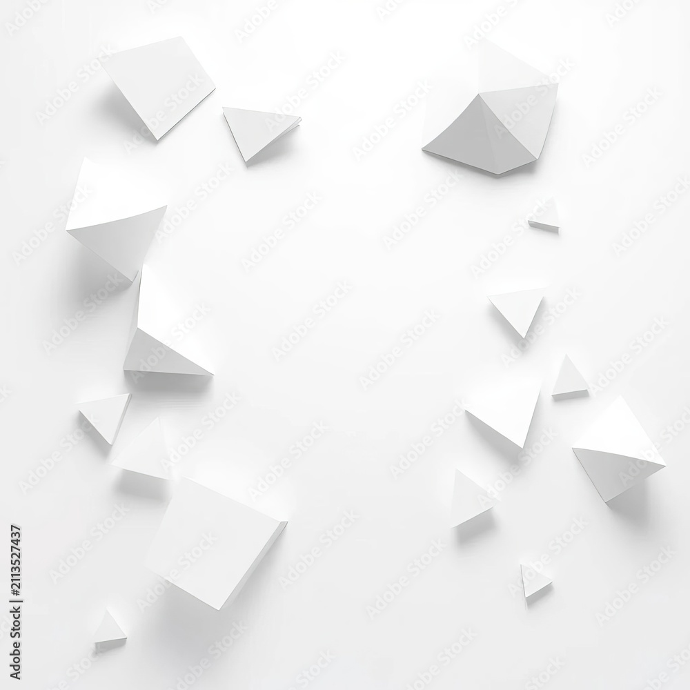 Obraz premium Geometric shapes in shades of white and grey, floating on a light silver background, geometric, white