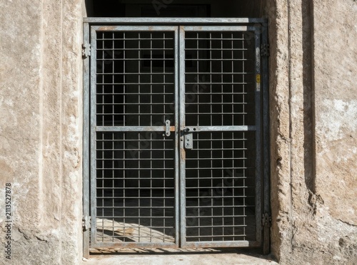 Old weathered stone wall with rusty metal grid security double doors, grunge urban texture and abandoned building entrance background concept
