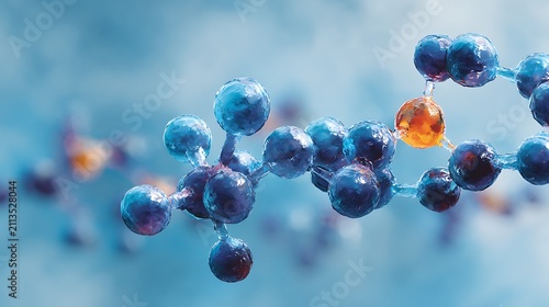 Фотография 3D illustration of a molecular structure model with blue and orange atoms representing science and chemistry