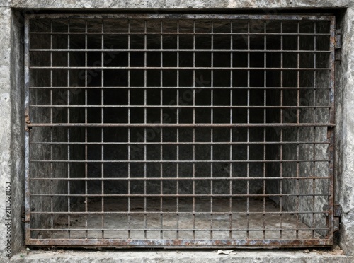 Old rusty metal grid window grate set in weathered concrete wall, grunge urban texture and abandoned building security barrier background concept
